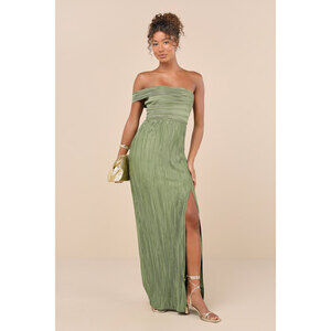 Lulus Poised Performance Olive Green Plisse One-shoulder Maxi Dress - Size M